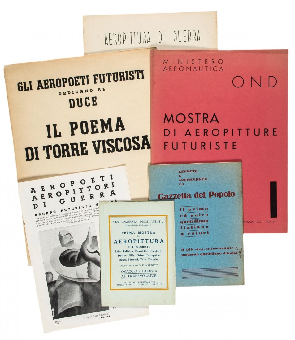 Aeropittura.- Marinetti (Filippo Tommaso) - Gli: [manifesto], original wrappers, spine ends and cover extremities repaired, [Salaris p.53] Milan, Grafiche Esperia, 1938 Â§ Prima Mostra di Aeropittura dei Futuristi Ommagio Futurista ai Transvolator