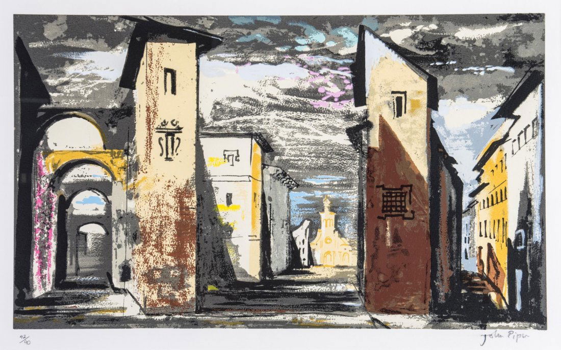 John Piper (1903-1992) - Street Scene in Don Giovanni: screenprint in colours, 1989, signed in pencil, numbered 42/90, printed by Keplra Studio, London, published by Glyndebourne Productions Limited, UK, on Velin Arches paper, with full margins, 292 x 495