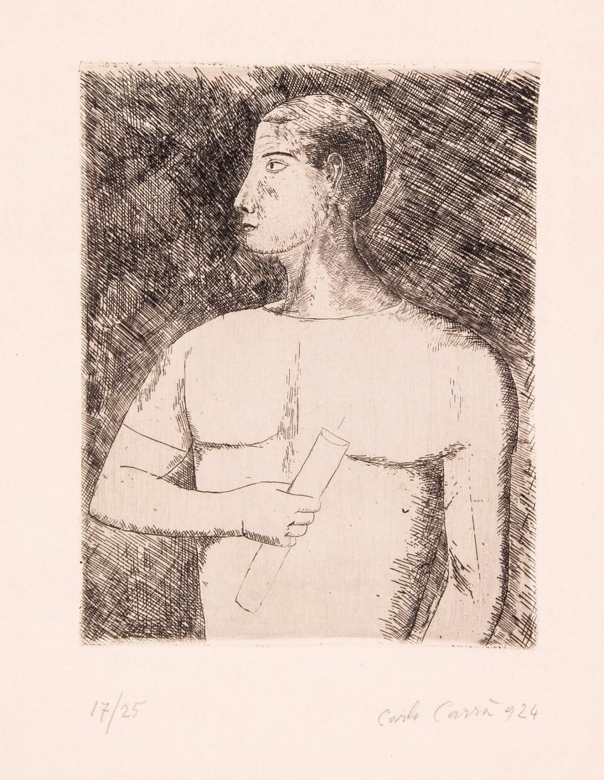 Carlo CarrÃ (1881-1966) - Operaio (c.28): etching with aquatint, 1924, signed and dated in pencil, numbered 17/25, on wove paper, with full margins, 250 x 193 mm (9 7/8 x 7 5/8 in). IMPORTANT: This lot is sold subject to Artists Resale Rights