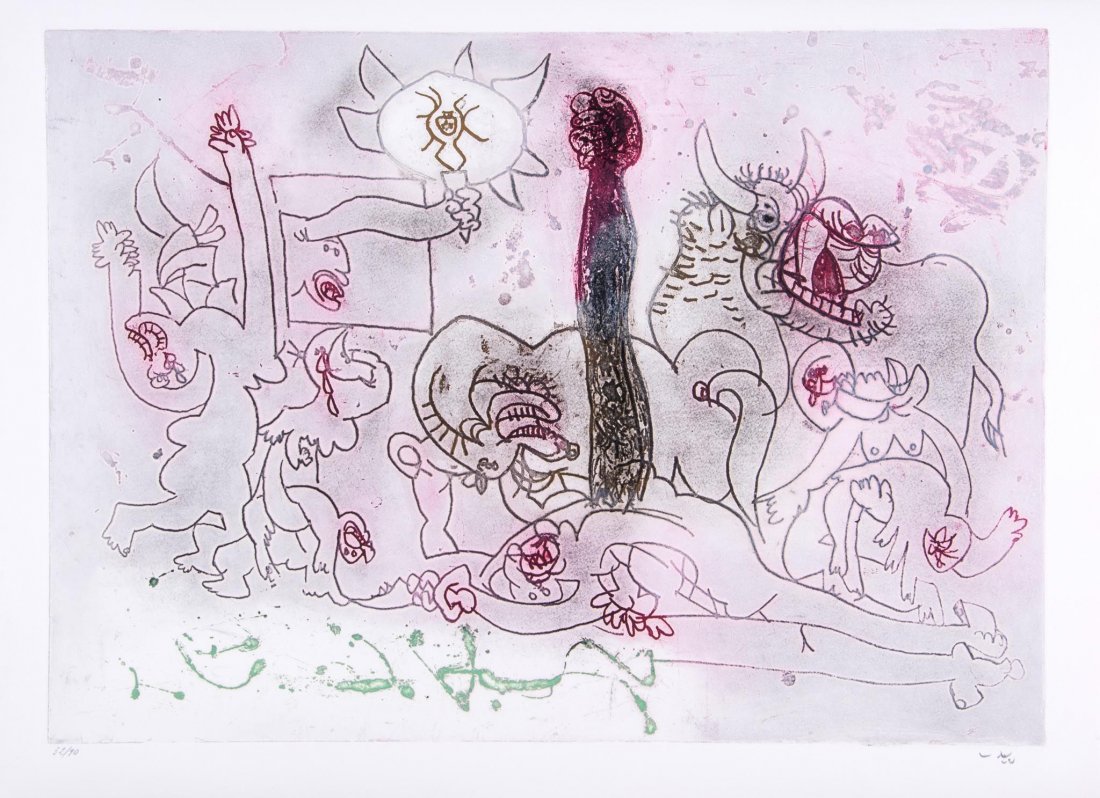 Roberto Sebastian Matta (1911-2002) - Hommage to: etching with aquatint printed in colours, 1973, signed in pencil, numbered 52/90, co-published by PropylÃ¤en-Verlag, Berlin and Pantheon Press, Rome, on wove paper, the full sheet, 693 x 758 mm (27 