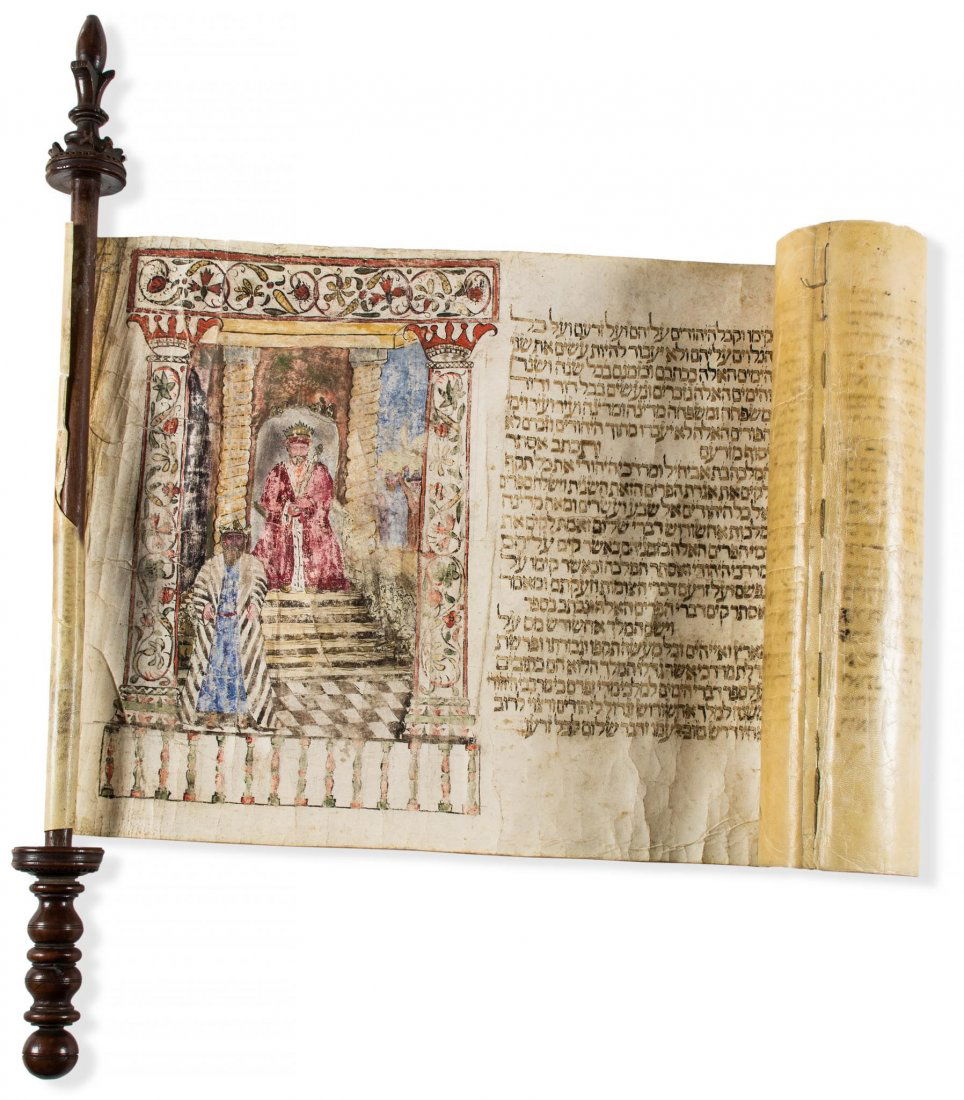 Hebrew manuscript.- - Megillah Esther,: on 6 sewn membranes, text columns of 21 lines in Hebrew square script in brown ink with tagin, with initial hand-coloured coat-of-arms with lion rampant within elaborate architectural borders, and a f