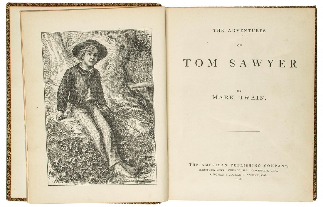 [Clemens (Samuel L.)] "Mark Twain". - The Adventures of: first edition, second or third printing, wood-engraved illustrations, 4pp advertisements, some occasional light soiling to margins, later crushed black morocco, gilt, spine faded, a little rubbed, ori
