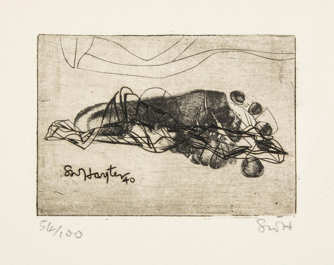 Stanley William Hayter (1901-1988) - Greeting card for: engraving with soft-ground etching, 1940, initialled recto, signed and dedicated verso in pencil, numbered 54/100, on wove paper, with full margins, 68 x 98 mm (2 7/8 x 3 7/8 in) The impressed foot in