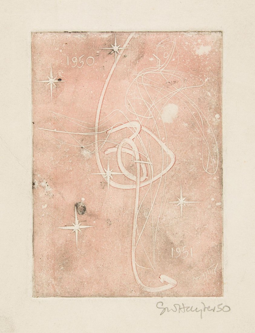Stanley William Hayter (1901-1988) - Greeting card for: engraving printed in rose pink in the manner of a monotype, 1950, signed and dated in pencil, the edition was circa 100 each work was printed with a unique monotype drawing in the coloured ink, on wov
