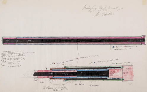 Michael Sandle (b. 1936) - Machine Gun Barrel Assembly,: coloured inks with wash on paper, signed, titled and dated at upper right 24 x 35 3/4 in., 51 x 91 cm IMPORTANT: This lot is sold subject to Artists Resale Rights, details of which can be found in