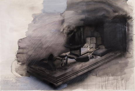 Michael Sandle (b. 1936) - Morpheus Sleep Machine, 1975: ink, watercolour and chalk on paper, signed, titled and dated at lower left 27 x 40 1/4 in., 69 x 102 cm IMPORTANT: This lot is sold subject to Artists Resale Rights, details of which can be found