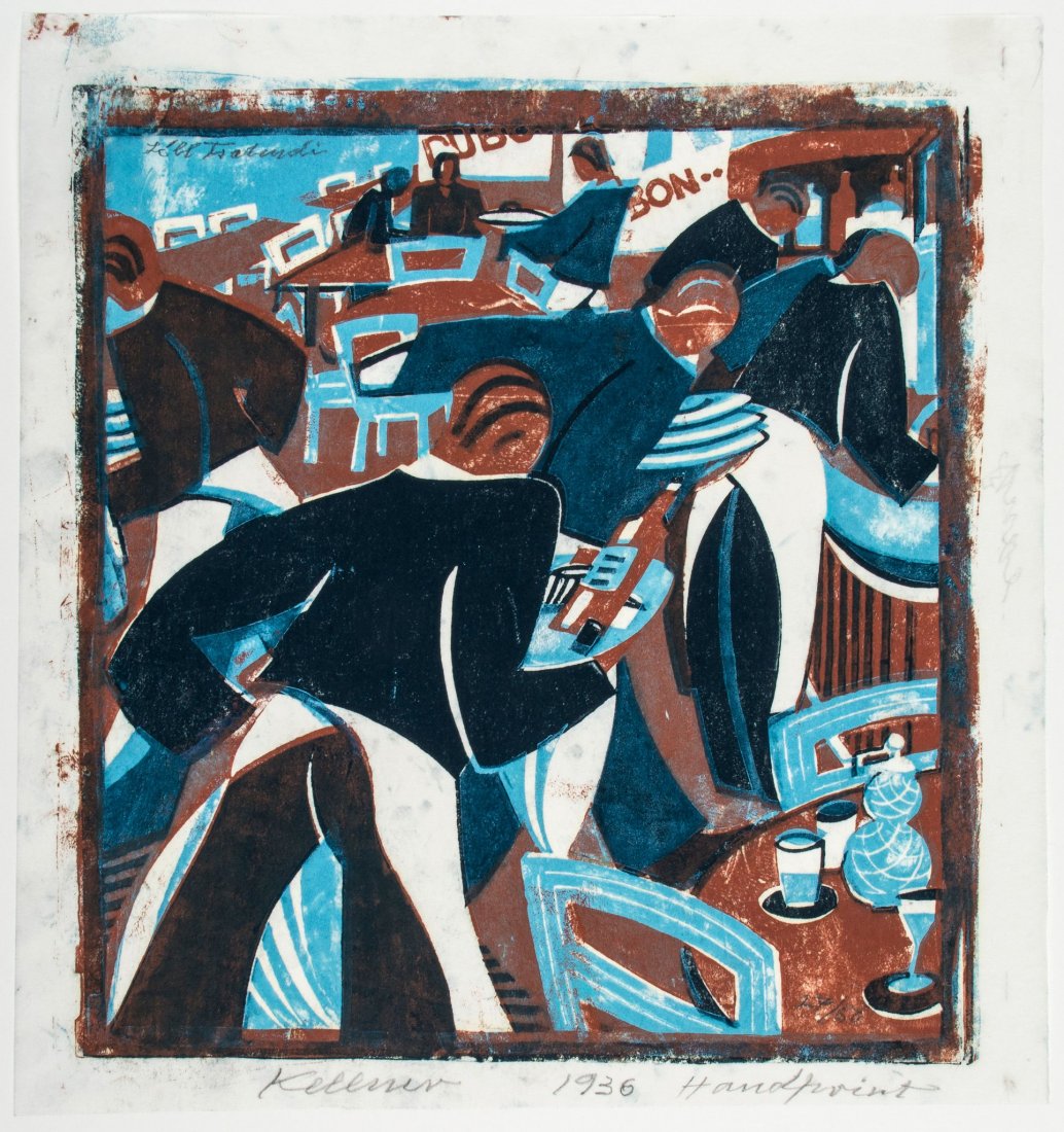 Lill Tschudi (1911-2004) - Waiters (Not in C.L.T.): linocut printed in colours, 1936, signed, titled, dated and inscribed 'Handdruck' in pencil, numbered from the edition of 50, on thin wove paper, with full margins, sheet 340 x 320 mm (13 3/8 x 12 1/2