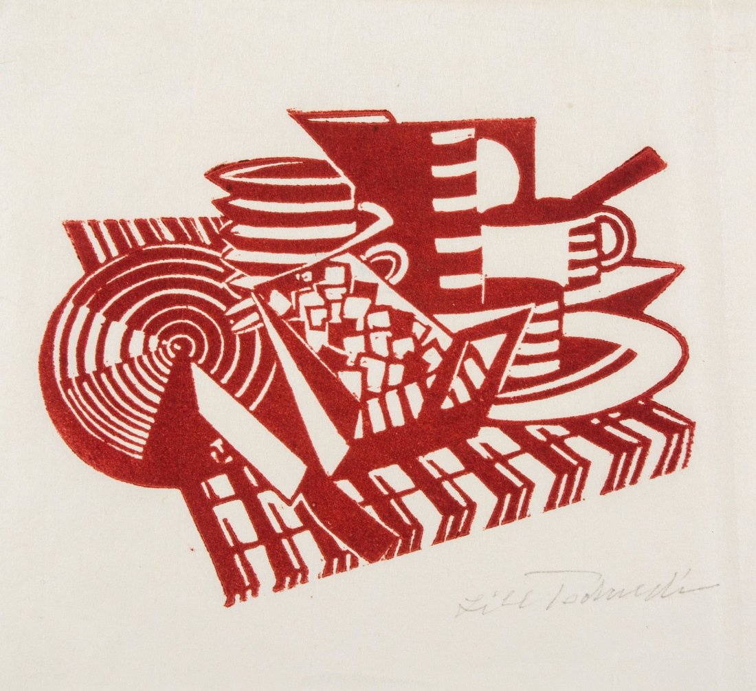 Lill Tschudi (1911-2004) - Pots and Pans (Not in: a rare linocut printed in crinson, 1938, signed, titled and dated in pencil, on tissue-thin laid paper, with full margins, 169 x 188 mm (6 5/8 x 7 3/8 in)