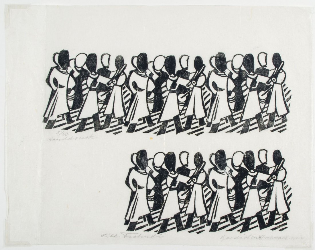 Lill Tschudi (1911-2004) - Guards II (Not in C.L.T.): linocut printed in dark blue, circa 1936, signed, titled inscribed Handdruck and numbered 5/50, on thin japan paper, with full margins, sheet 270 x 340 mm (10 5/8 x 13 3/8 in)