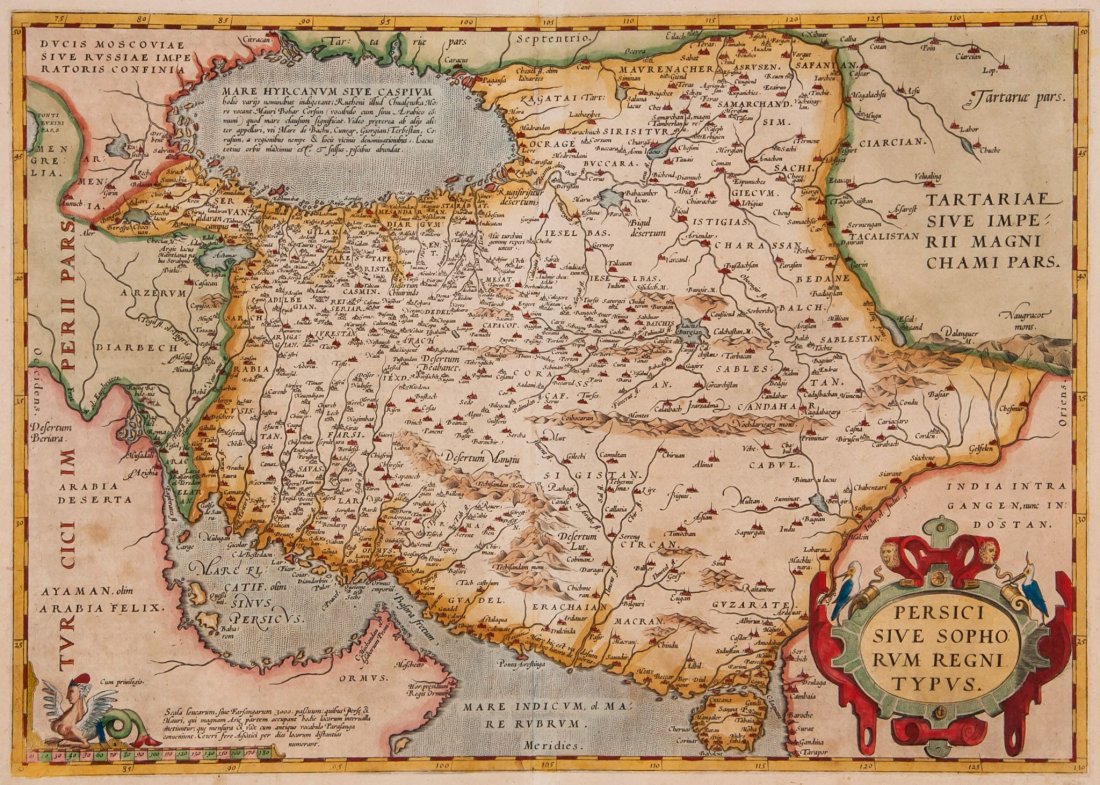 Ortelius (Abraham) - Persici sive Sophorum Regni Typus,: Persia from the Caspian Sea to the Red Sea, strapwork title cartouche lower right, engraved map with full hand-colouring, 350 x 500mm., Latin text verso with page number 64, central vertical fold, [vd