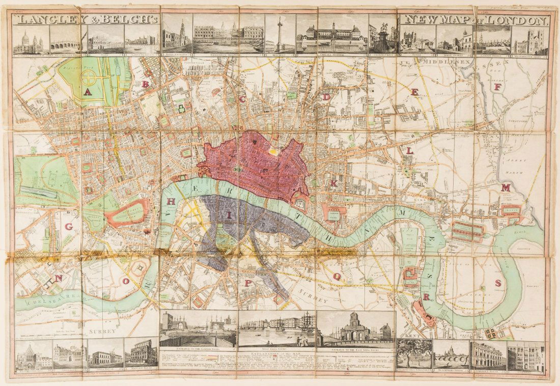 Langley (Edward) and William Belch. - Langley &: from Pentonville to Newington Butts, and from Hyde Park to East India Docks, with 24 views of buildings, monuments and docks inset above and below, engraved map with original hand-colouring, 530 x 780