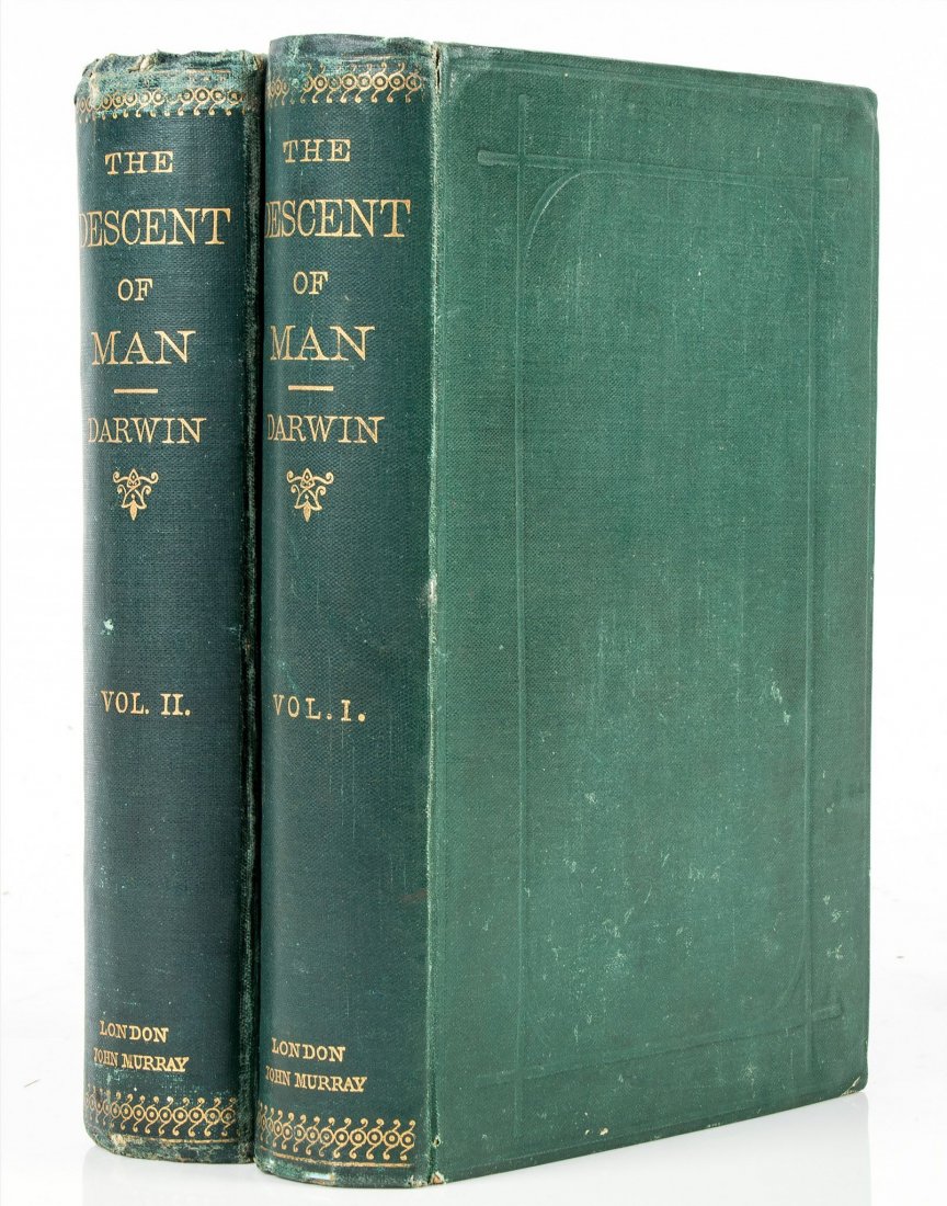 Darwin (Charles) - The Descent of Man,: and selection in relation to sex, 2 vol., first edition, second issue, half-titles, wood-engraved illustrations, 16pp. advertisements dated January 1871 at rear of both vol., original cloth, recased, 