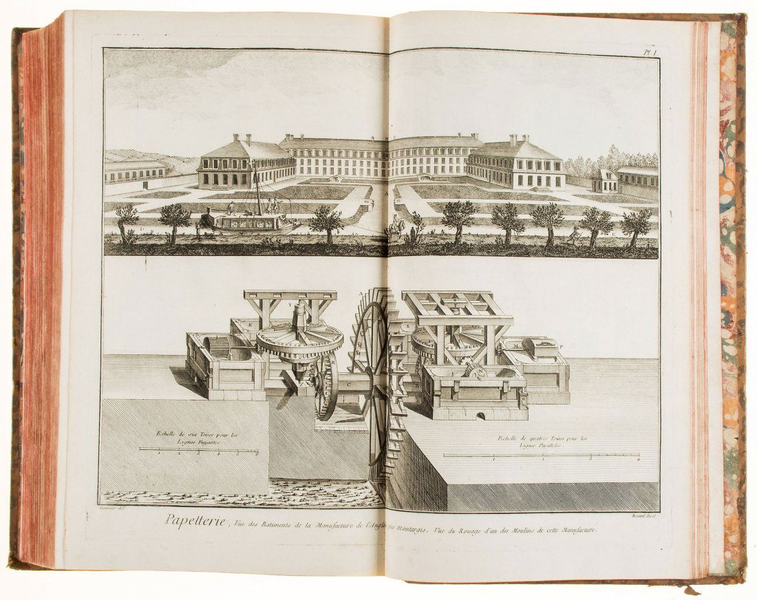 Diderot (Denis), Jean d'Alembert and others. - Recueil: les Arts Libéraux, et les Arts Méchaniques Quatrieme Livraison, half-title, title with woodcut device, 248 engraved plates (complete), many double-page, contemporary mottled calf, spine gilt