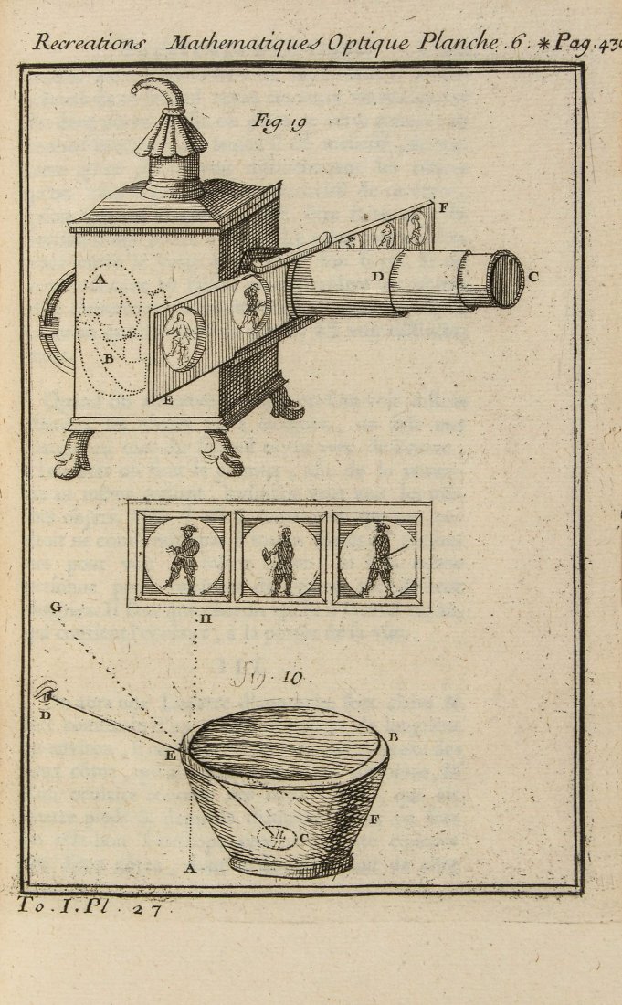 Ozanam (Jacques) - Recreations Mathematiques et: 3 vol., new edition, 119 engraved plates, some folding, contemporary calf, spines gilt with red morocco labels, a little rubbed and scuffed, 8vo, Paris, Claude Jombert, 1723.