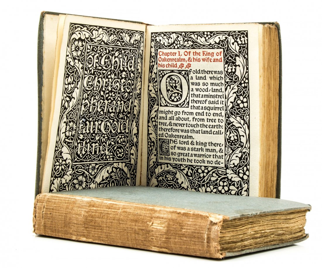 Kelmscott Press.- Morris (William) - Child Christopher: 2 vol., [one of 600 copies], printed in black Chaucer type with red printed marginalia and chapter headings, elaborate wood-engraved title and border to first page, woodcut initials, errata tipped-in 