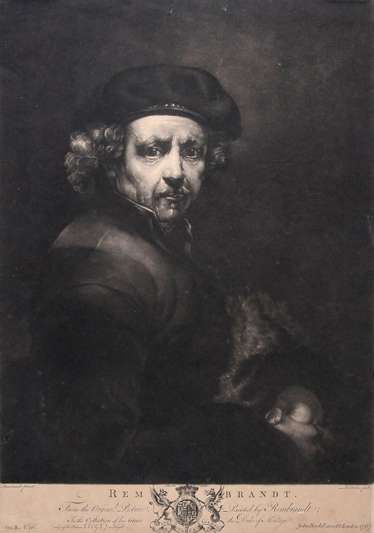 After Rembrandt. - A group of six self-portraits,: after paintings by Rembrandt and his circle, and Bol, by Richard Earlom, Charles Townley, Johann Peter Pichler, van Bleeck, and others, mezzotints, various sizes, largest 510 x 350mm., all unframed, (