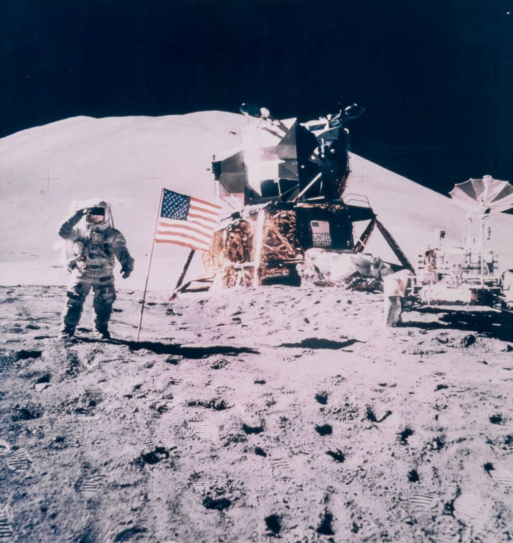 David Scott -: Large-format vintage chromogenic print on fibre-based Kodak paper, 51 x 41cm, 42 x 40cm, RCA stamp and A Kodak Paper watermark on verso, [NASA negative number AS15-88-11866] Few Apollo photographs hav