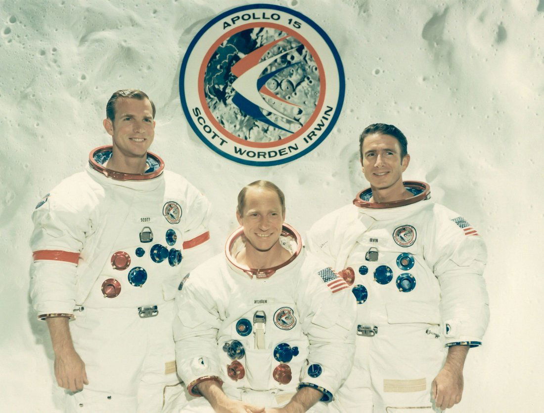 Official portrait of the crew, Apollo 15, 1971: Vintage chromogenic print on fibre-based paper, 20.3 x 25.4cm (8 x 10in), A Kodak Paper watermark on verso, numbered NASA S-71-37963 in red in top margin From left to right, astronauts David Scott, Al
