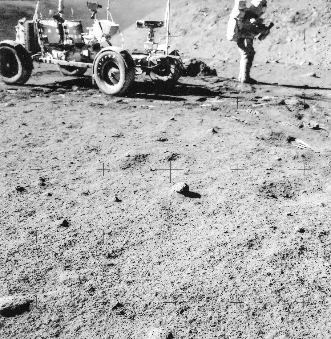 David Scott and the Rover on the edge of Hadley Rille: David Scott and the Rover on the edge of Hadley Rille lunar canyon at station 9A, EVA 3, Apollo 15, August 1971 Two vintage gelatin silver prints, each 20.3 x 25.4cm (8 x 10in), numbered NASA AS15-82-
