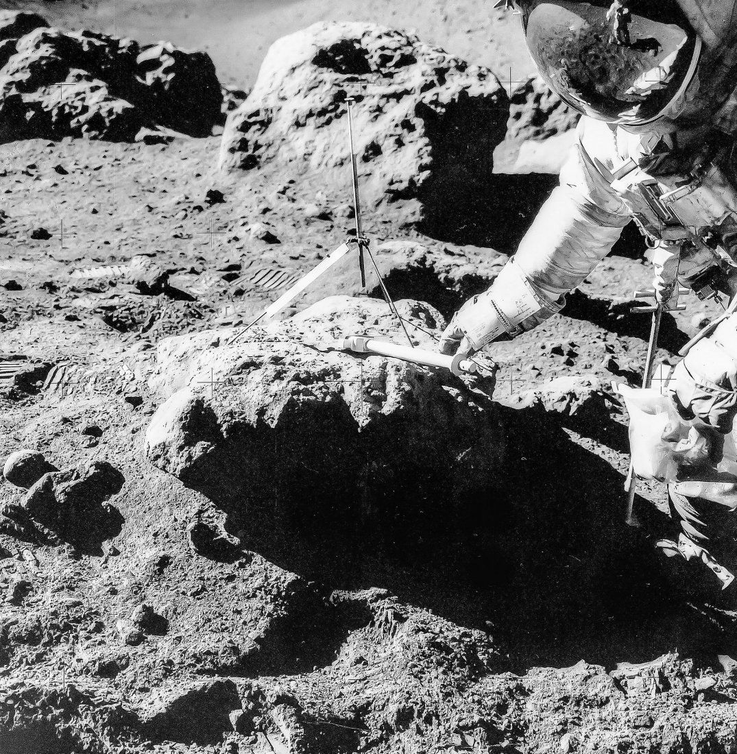 David Scott prospecting for samples on the edge of: David Scott prospecting for samples on the edge of Hadley Rille lunar canyon, EVA 3, Apollo 15, August 1971 Three vintage gelatin silver prints, each 20.3 x 25.4cm (8 x 10in), numbered NASA AS15-82-11