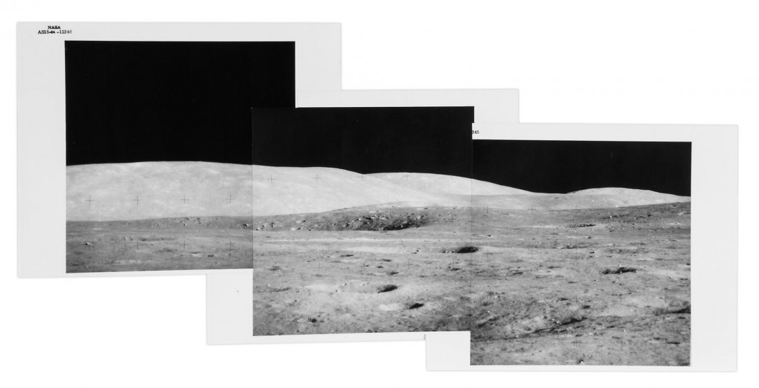 David Scott -: Mosaic of three vintage gelatin silver prints numbered NASA AS15-84-11244 to AS15-84-11246 in black in top margin, 28.5 x 57.5cm, image 26 x 50.5cm The North Complex is a Complex of hills, craters, sc