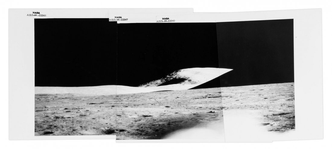 David Scott -: Mosaic of three vintage gelatin silver prints numbered NASA AS15-84-11247 to AS15-84-11249 in black in top margin, 21 x 44cm, image 19 x 36.5cm The whole surface of the area appears to be smooth, with