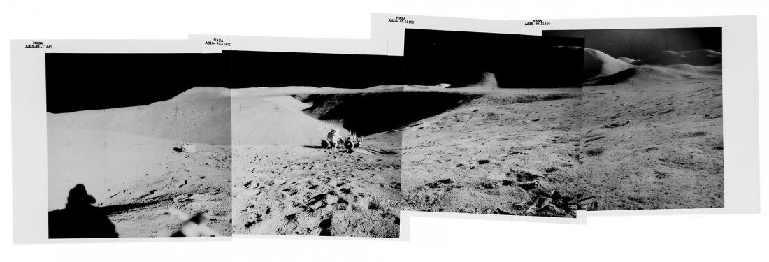 Panoramic view with David Scott on the edge of Hadley: Panoramic view with David Scott on the edge of Hadley Rille canyon, Station 2, EVA 1, Apollo 15, August 1971 Mosaic of four vintage gelatin silver prints numbered NASA AS15-85-11447 to AS15-85-11455 i