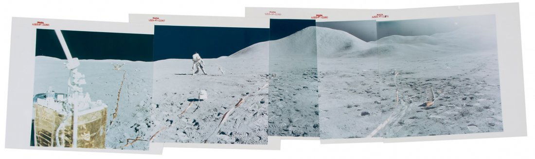 Panoramic view with David Scott at the ALSEP site near: Panoramic view with David Scott at the ALSEP site near the LM, Station 8, EVA-2, Apollo 15, August 1971 Mosaic of five vintage chromogenic prints numbered NASA AS15-87-11845 to AS15-87-11851 in red in