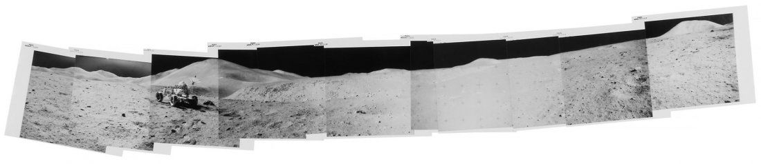 360° panoramic view with David Scott and the rover: 360° panoramic view with David Scott and the rover beside Hadley Rille, Station 9A, Apollo 15, EVA 3, August 1971 Mosaic of eleven vintage gelatin silver prints numbered NASA AS15-82-11110 to AS1