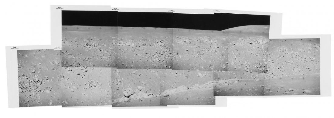 David Scott -: Mosaic of ten vintage gelatin silver prints numbered NASA AS15-89-12018 to AS15-85-12043 in black in top margin, 33 x 104cm, image 31 x 97cm Scientists offer several explanations for the mysterious ca