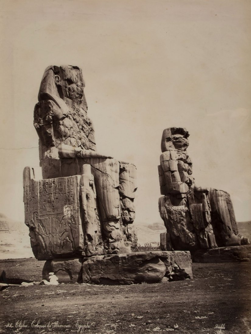 Félix Bonfils (1831-1885) - Thèbes, Colosses: Albumen print with photographer's name, titled and numbered 55 in the negative, 37.8 x 28cm (14 7/8 x 11in) This lot also includes a large format photogravure of the Temple of Edfu by Pascal Séba