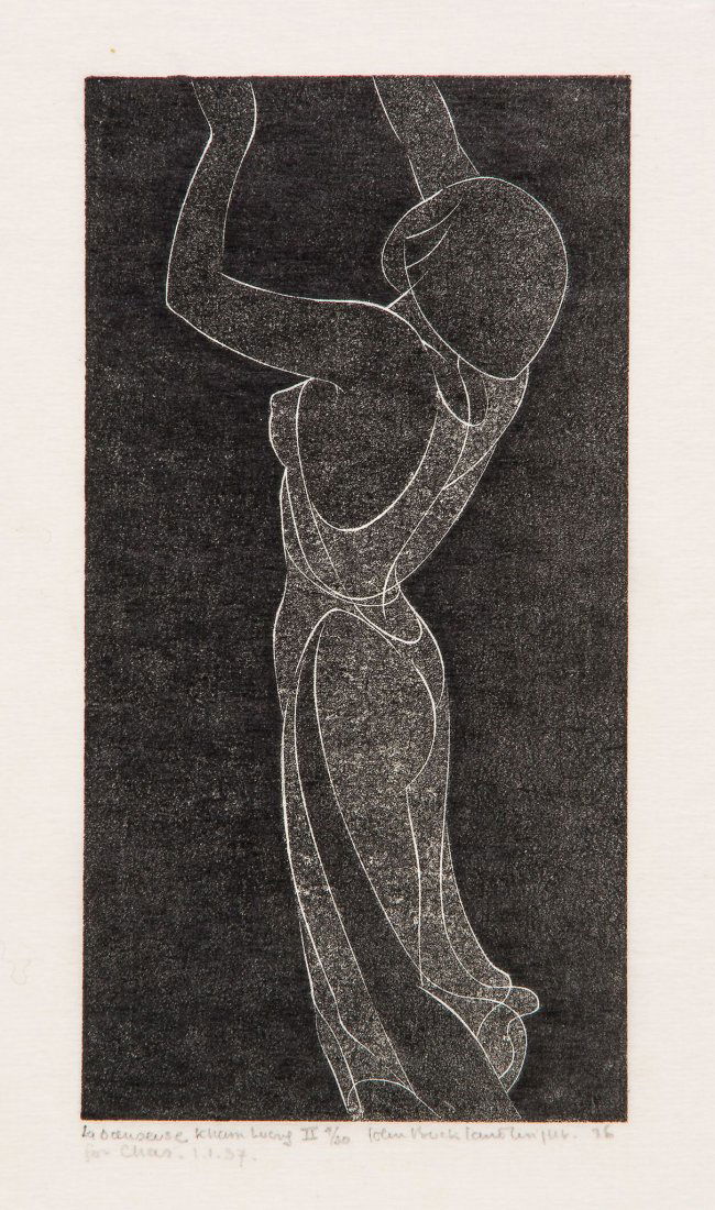 John Buckland Wright (1897-1954) - La Danseuse Kham: wood-engraving, 1936, signed, titled, dated and inscribed 'for Chas 1.1.37.' in pencil, numbered 4/30, on tissue thin Japon paper, with full margins, sheet 200 x 137 mm (7 7/8 x 5 3/8 in) IMPORTANT: T