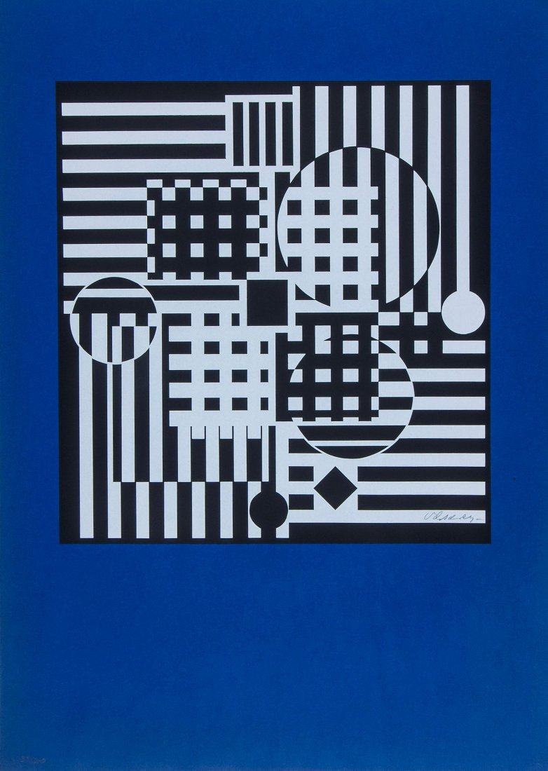 Victor Vasarely (1906-1997) - Untitled: screenprint in colours, signed in pencil, numbered 31/200, on blue wove paper, with full margins, 420 x 390 mm (16 1/2 x 15 3/8 in) IMPORTANT: This lot is sold subject to Artists Resale Rights, detail