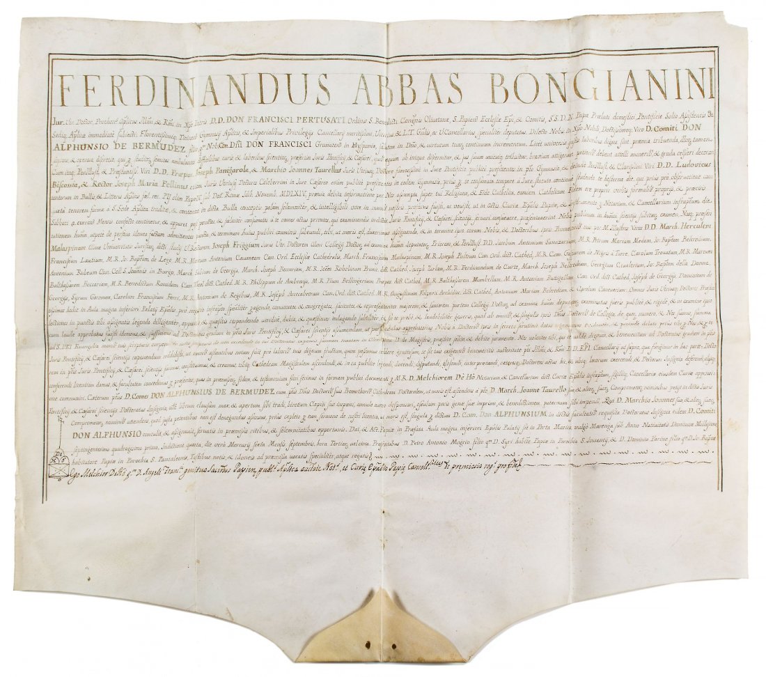 Notarised certificate granting to Don Alphonso de: (Ferdinando, abbot, 1697-1744) Notarised certificate granting to Don Alphonso de Bermudez a doctorate of canon and Roman law, manuscript in Latin, on vellum, first line, names and borders in gold ink,