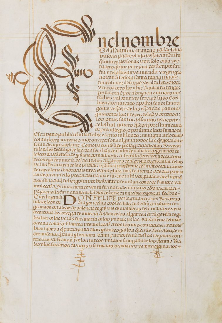 .- Ordoñez de Villaquiran Grant of privilege by: (Pedro, Spanish chronicler and conquistador, first cousin of Francisco Pizarro, c. 1515 - c. 1602).- Ordoñez de Villaquiran (Alonso, Governor of Zamora, d. 1621) Grant of privilege by Phlip II to