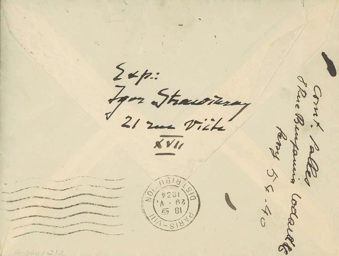 Autograph manuscript signed envelope to Jean Cocteau,: (Igor, composer, pianist and conductor, 1882-1971) Autograph manuscript signed envelope to Jean Cocteau, 111 x 145mm., postmarked Paris, 29th May 1934; and 2 others, v.s., v.d. (3).