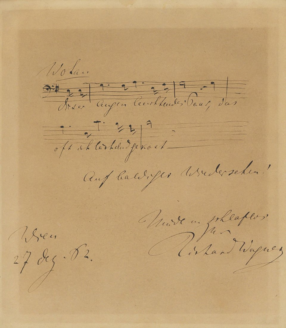 Autograph musical quotation signed, 5 bars from Die: (Richard, composer and conductor, 1813-83) Autograph musical quotation signed, 5 bars from Die Walkuere, headed "Wotan", manuscript, 1p., extensively browned, laid down on paper, 197 x 174mm., Vienna,