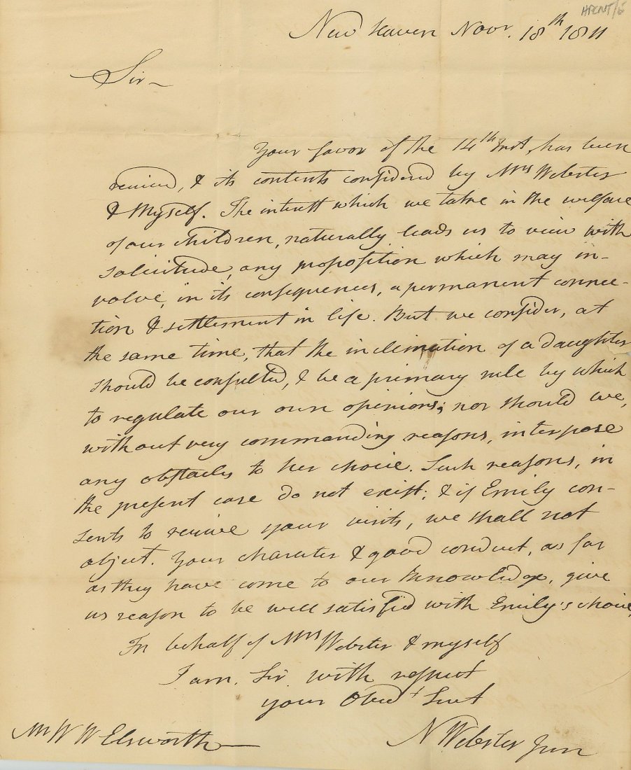 Autograph Letter signed to William Ellsworth, 1p., sm: (Noah, lexicographer, 1758-1843) Autograph Letter signed to William Ellsworth, 1p., sm. 4to, New Haven, 18th November 1811, saying that he has no objection to him as a son-in-law, folds, browned, hous