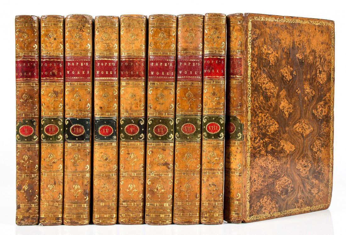 Pope (Alexander) - The Works,: With his last Corrections, Additions, and Improvements, [edited by William Warburton], 9 vol., 24 engraved plates, light browning, handsome contemporary tree calf, gilt, spines gilt with red and green