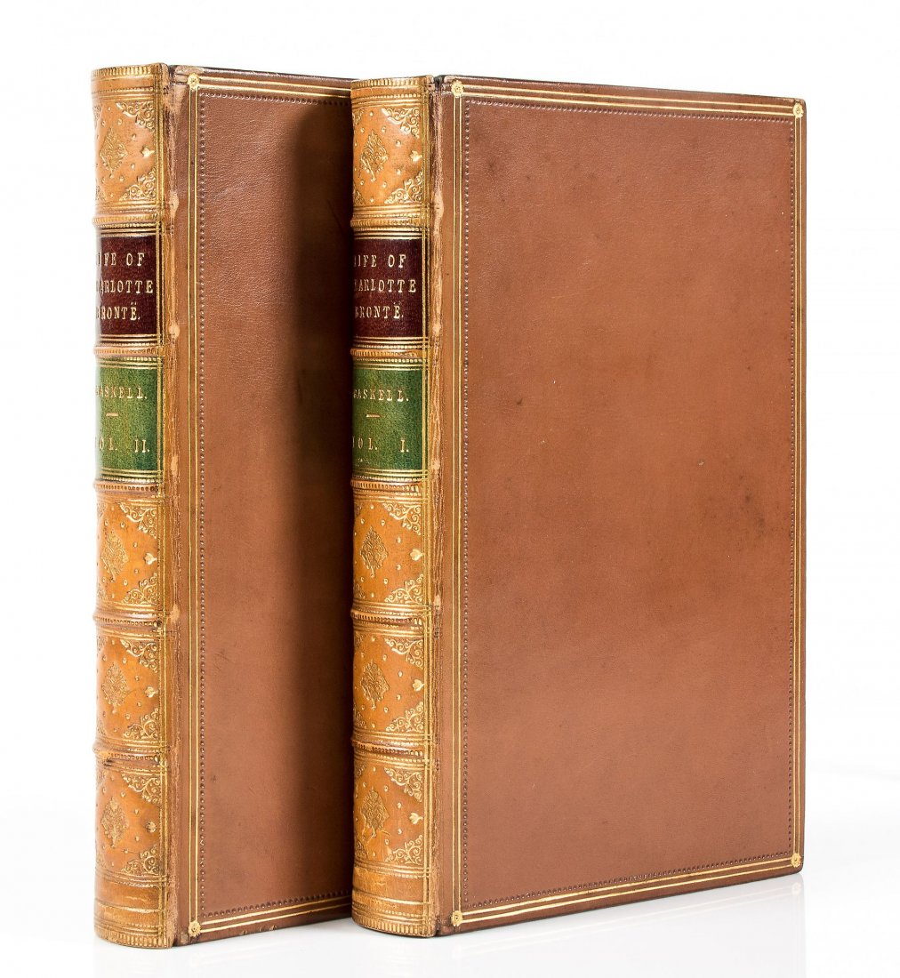 Gaskell (Elizabeth Cleghorn) - The Life of Charlotte: 2 vol., first edition , half-titles, engraved portrait and frontispiece (lightly foxed), Belper bookplate, contemnprary calf, gilt, by Hayday, spines gilt with red and green roan labels, spines a litt