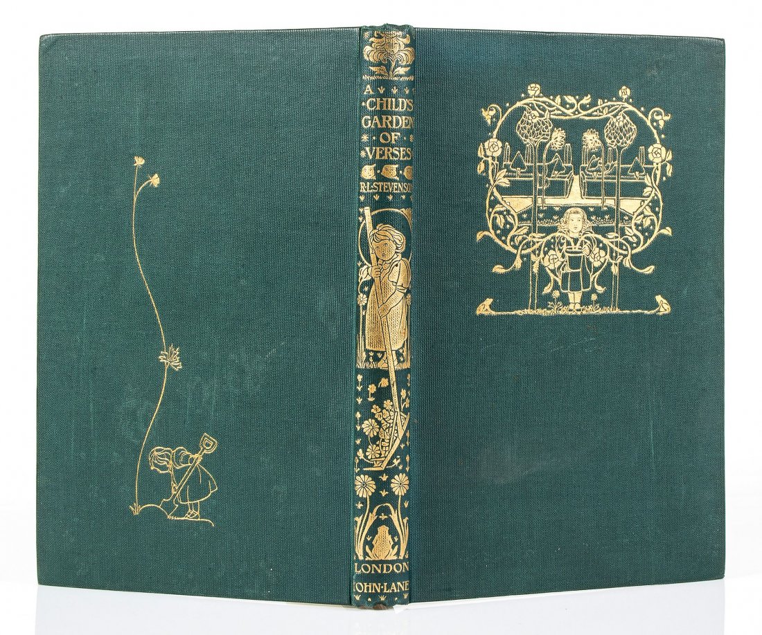 Stevenson (Robert Louis) - A Child's Garden of Verses,: first illustrated edition , pictorial title and illustrations by Charles Robinson, original pictorial green cloth, gilt, g.e., a very good bright copy, 1896 § Kingsley ( Rev. Charles) The Water-B