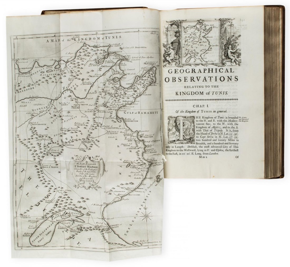 Shaw (Thomas) - Travels, or Observations Relating to: first edition , half-title, engraved title printed in red & black with engraved device, 32 engraved maps and plates on 29 leaves, some folding, three double-sided, engraved vignette head-pieces, initi