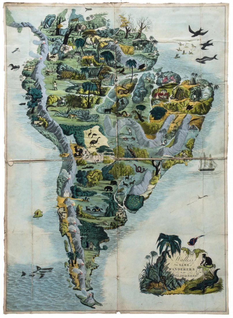 Wallis (Edward) - Wallis's New Game of Wanderers in the: a geographical jigsaw puzzle of the continent of South America, with an uncut companion copy as either a key or a separate race game, both with 84 playing spaces laid out in a circular direction, the 