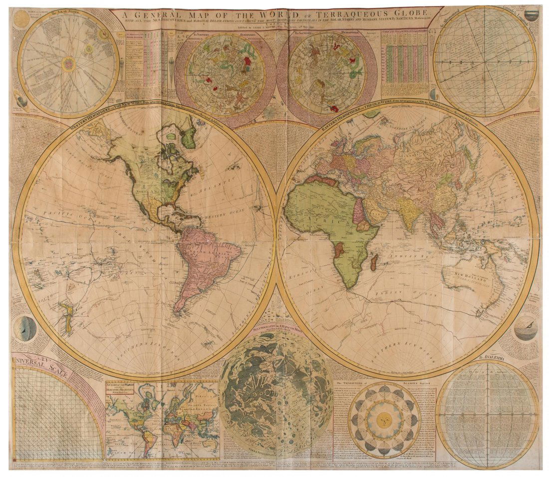 Laurie (Robert) and James Whittle. - A General Map of: large double-hemisphere world, with celestial and solar spheres above, a map of the moon, the world on Mercator's projection, and other spheres and tables below, engraved map with original hand-colour