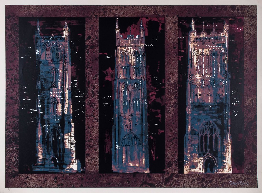 John Piper (1903-1992) - Three Somerset Towers (L.236): screenprint in colours, 1973, signed in white crayon, inscribed A/P, an artist's proof aside from the 70, printed by Kelpra Studio, published by Marlborough Fine Art, on Velin Arches paper, with full