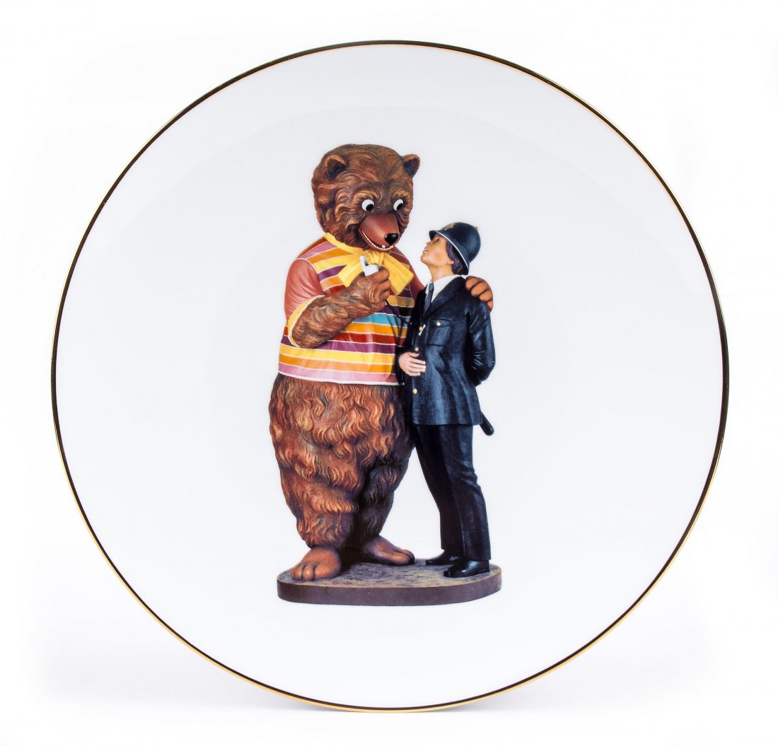 Jeff Koons (b.1955) - Bear and Policeman: screenprint in colours on a porcelain plate, 2013, signed in red in the glaze and numbered from the edition of 4500 verso, published by Bernardaud, Paris, 270 x 270 mm (10 5/8 x 10 5/8 in)