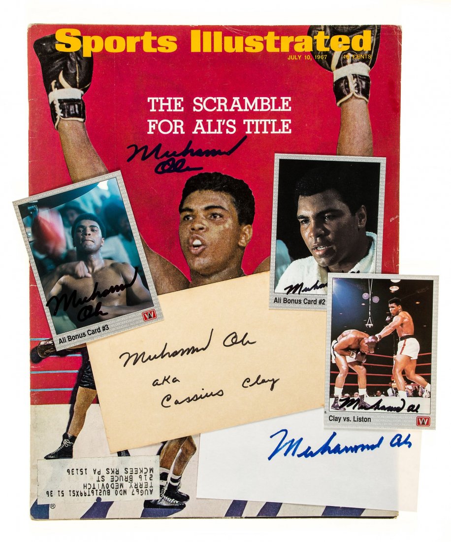 ALI, MUHAMMAD - A copy of July 10th, 1967 'Sports: A copy of July 10th, 1967 'Sports Illustrated' magazine entitled 'The Scramble for Ali's Title', signed by Muhammad Ali on front cover in blue marker, 68 pages stapled into original wrappers, colour a