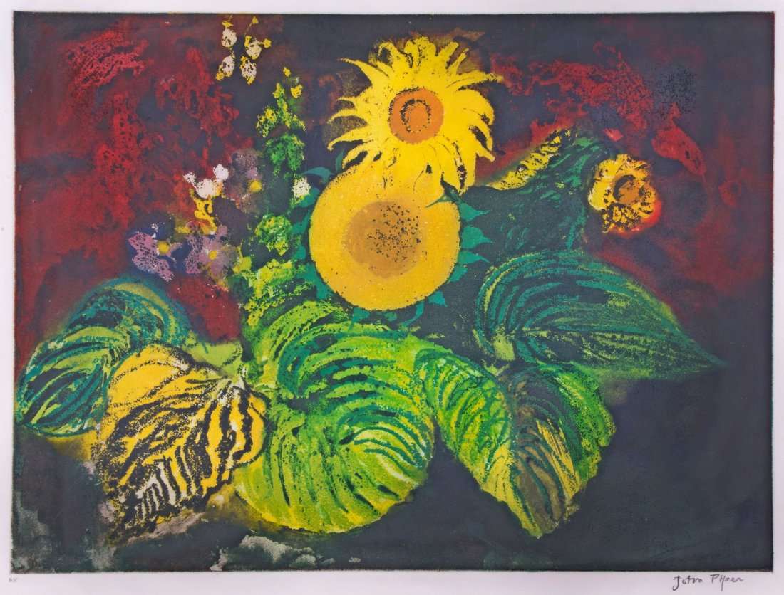 John Piper (1903-1992) - Sunflowers (L.420): etching and aquatint printed in colours, 1989, signed and inscribed A/P in pencil, an artist s proof aside from the edition of 70, printed by Kelpra Studio, published by National Art-Collections Fund,