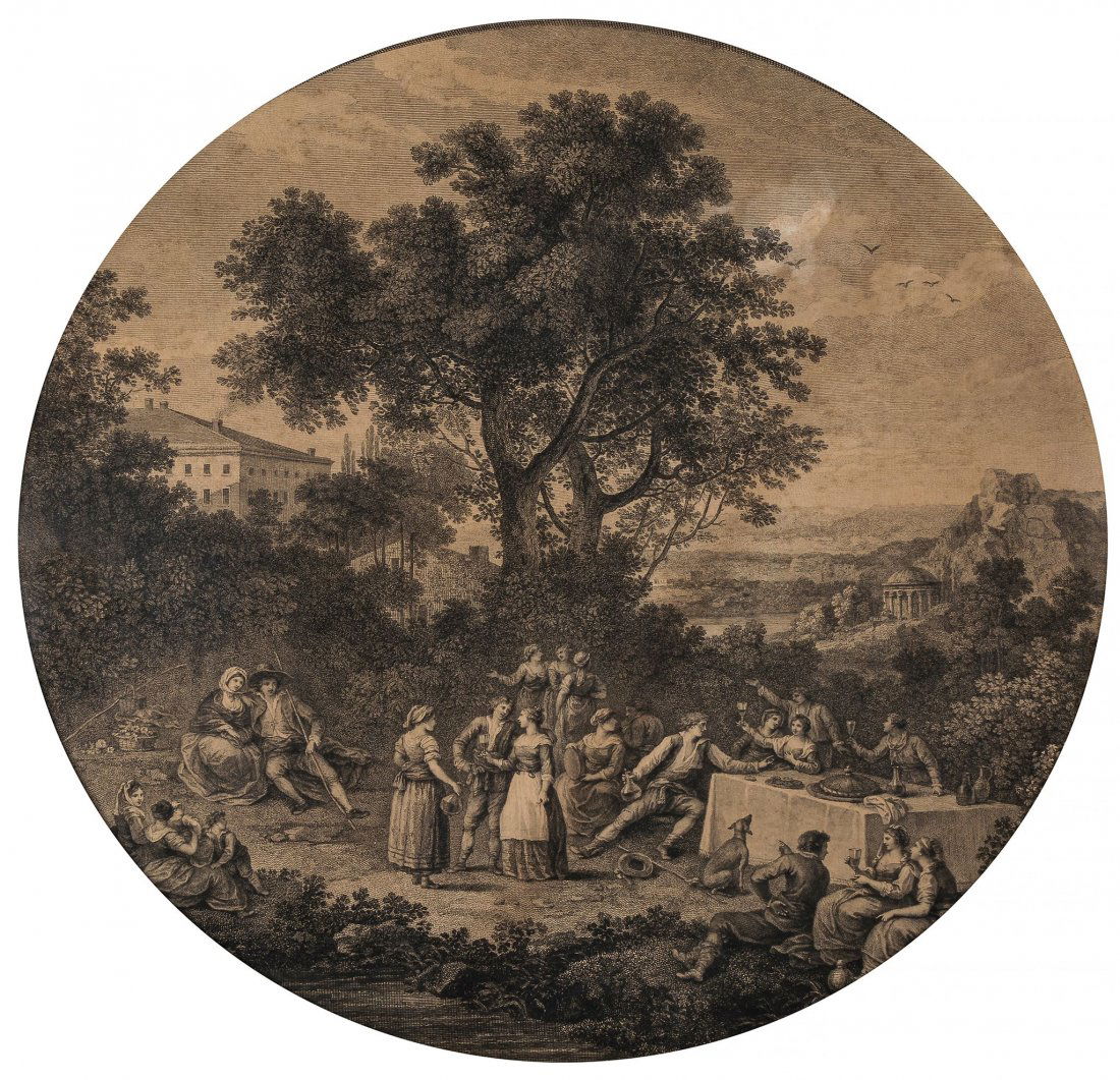 Vivares (François) and Francesco Bartolozzi. - The: the pair after Francesco Zuccarelli, circular engravings, each c.435mm. diameter, each trimmed to the image and presented in period gilt frames, some browning, one with original title preserved on bac