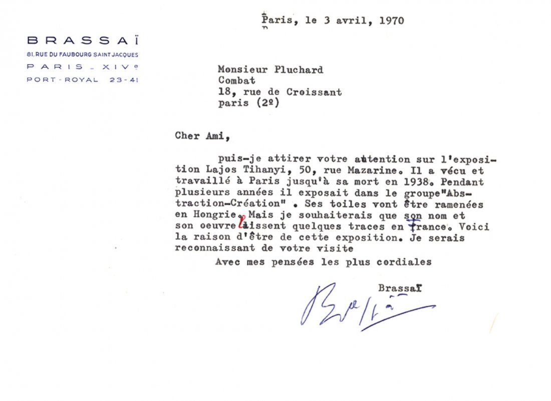 BRASSAI - Typed letter signed on personalised: Typed letter signed ('Brassai') on personalised stationery, addressed to Monsieur Pluchard, the editor of a daily newspaper of the time entitled "Combat", and reading "Dear friend, May I call to your